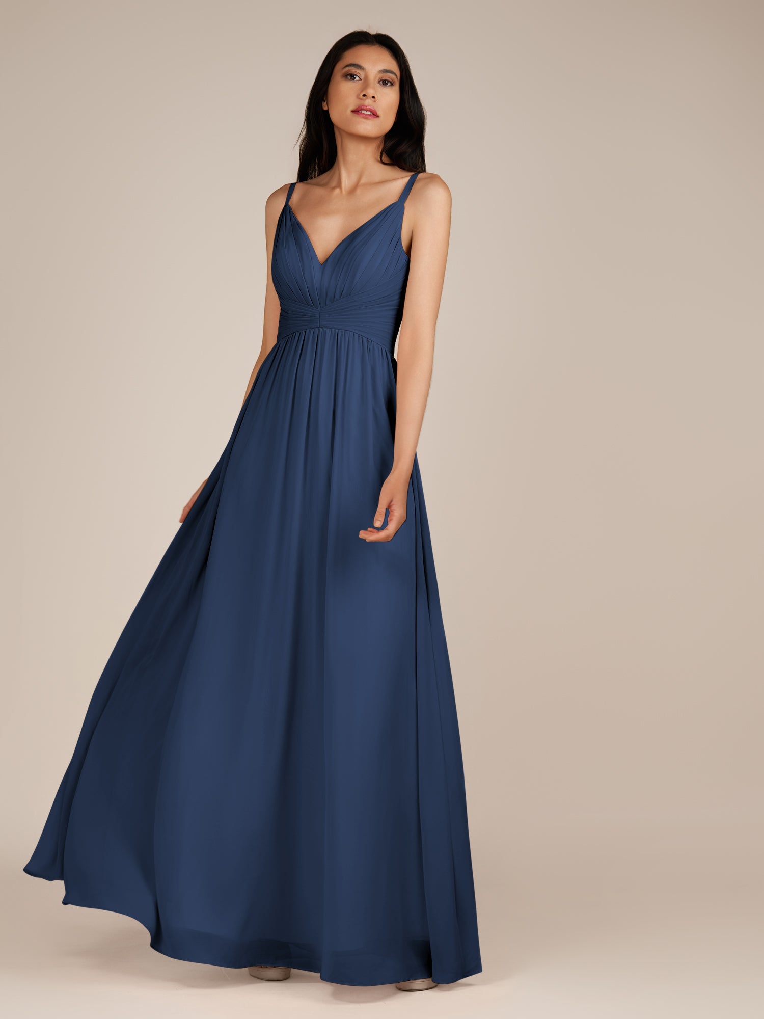 KissDress-Ophelia Navy A Line Chiffon V Neck Long Bridesmaid Dress with Pleats