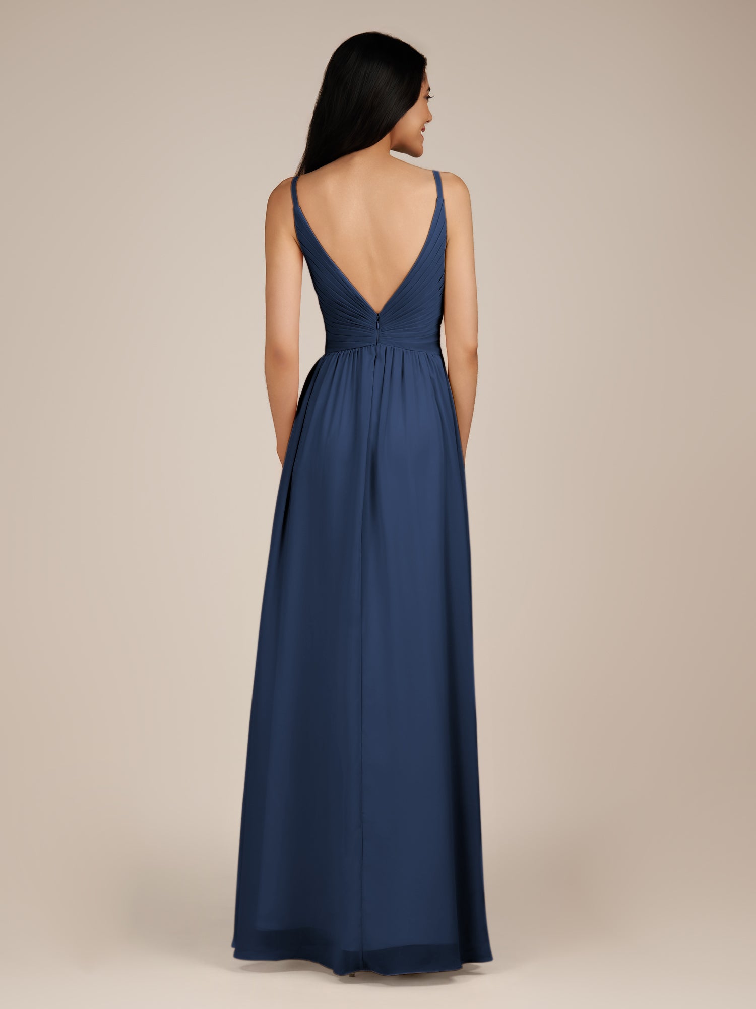KissDress-Ophelia Navy A Line Chiffon V Neck Long Bridesmaid Dress with Pleats