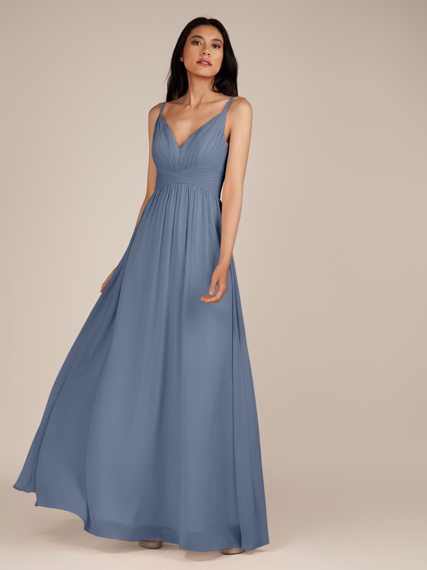 KissDress-Ophelia Neptune A Line Chiffon V Neck Long Bridesmaid Dress with Pleats