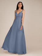 KissDress-Ophelia Neptune A Line Chiffon V Neck Long Bridesmaid Dress with Pleats