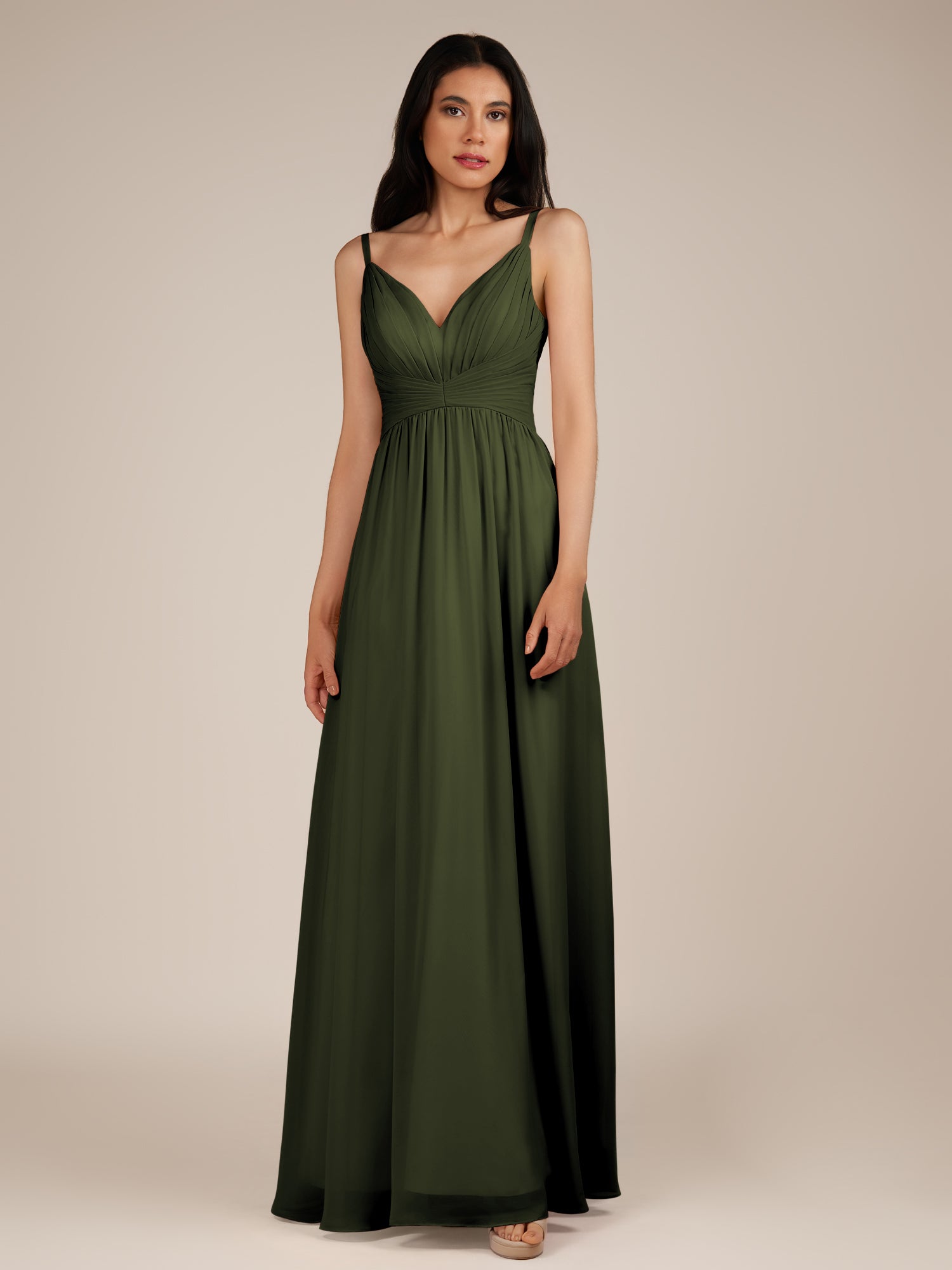 KissDress-Ophelia Olive A Line Chiffon V Neck Long Bridesmaid Dress with Pleats