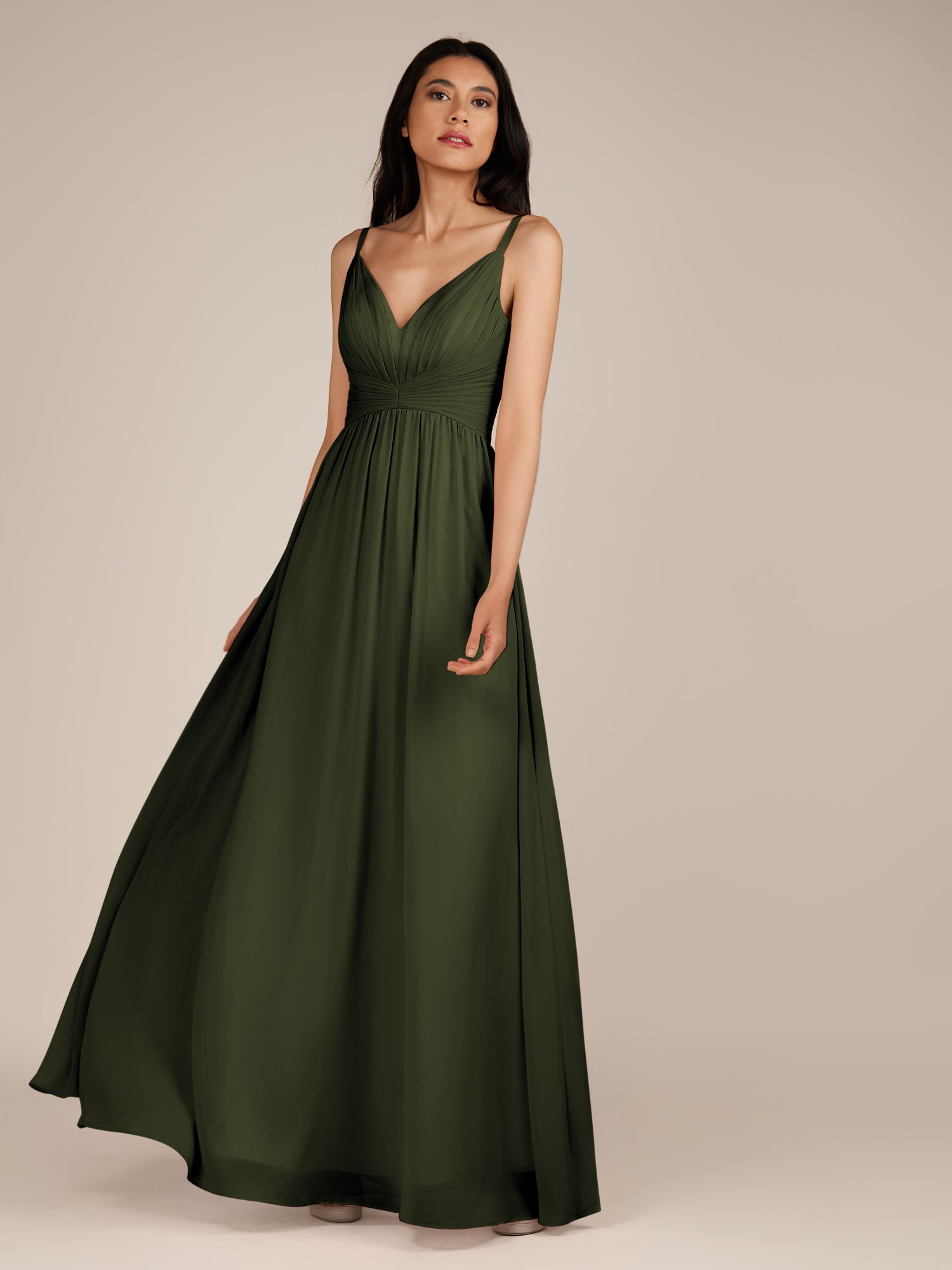KissDress-Ophelia Olive A Line Chiffon V Neck Long Bridesmaid Dress with Pleats