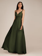 KissDress-Ophelia Olive A Line Chiffon V Neck Long Bridesmaid Dress with Pleats