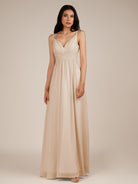 KissDress-Ophelia Pale Blush A Line Chiffon V Neck Long Bridesmaid Dress with Pleats