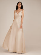 KissDress-Ophelia Pale Blush A Line Chiffon V Neck Long Bridesmaid Dress with Pleats
