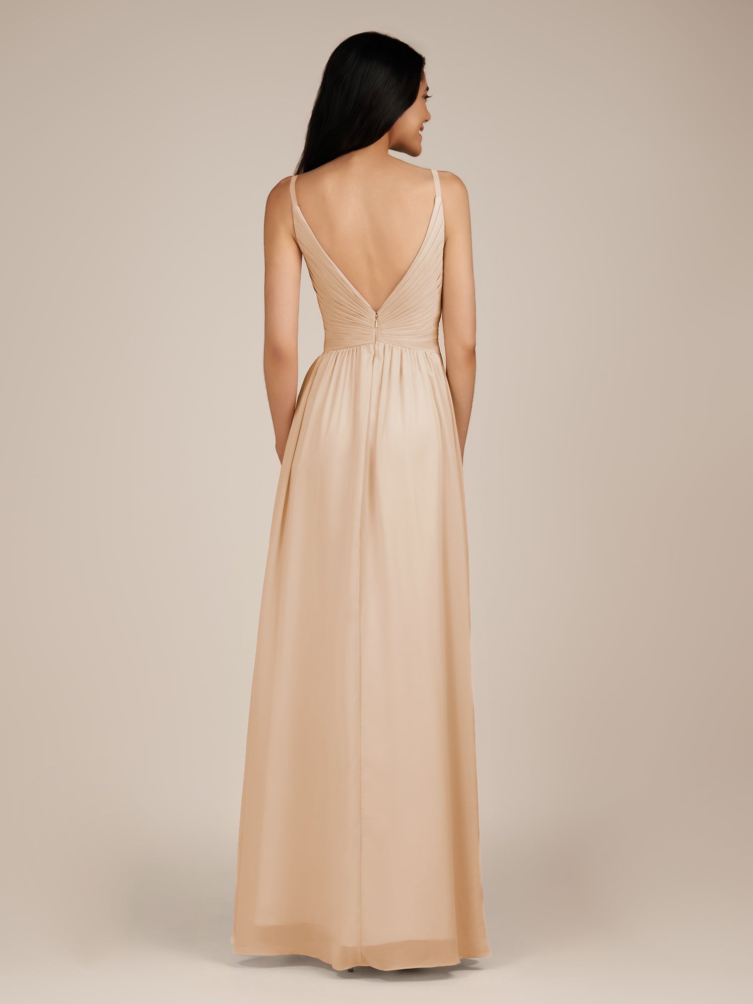 KissDress-Ophelia Pale Blush A Line Chiffon V Neck Long Bridesmaid Dress with Pleats
