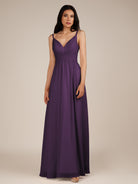 KissDress-Ophelia Plum A Line Chiffon V Neck Long Bridesmaid Dress with Pleats