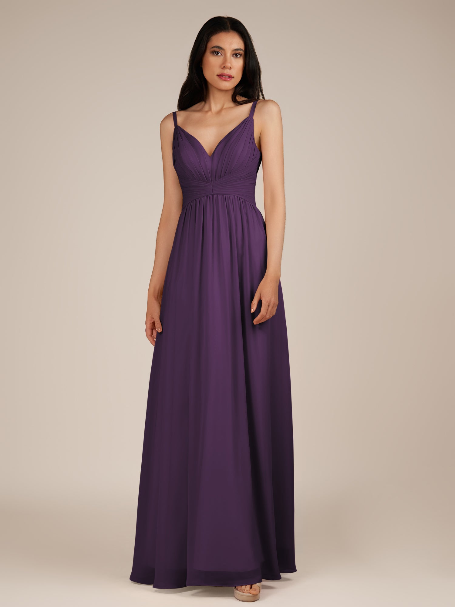 KissDress-Ophelia Plum A Line Chiffon V Neck Long Bridesmaid Dress with Pleats