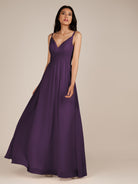 KissDress-Ophelia Plum A Line Chiffon V Neck Long Bridesmaid Dress with Pleats