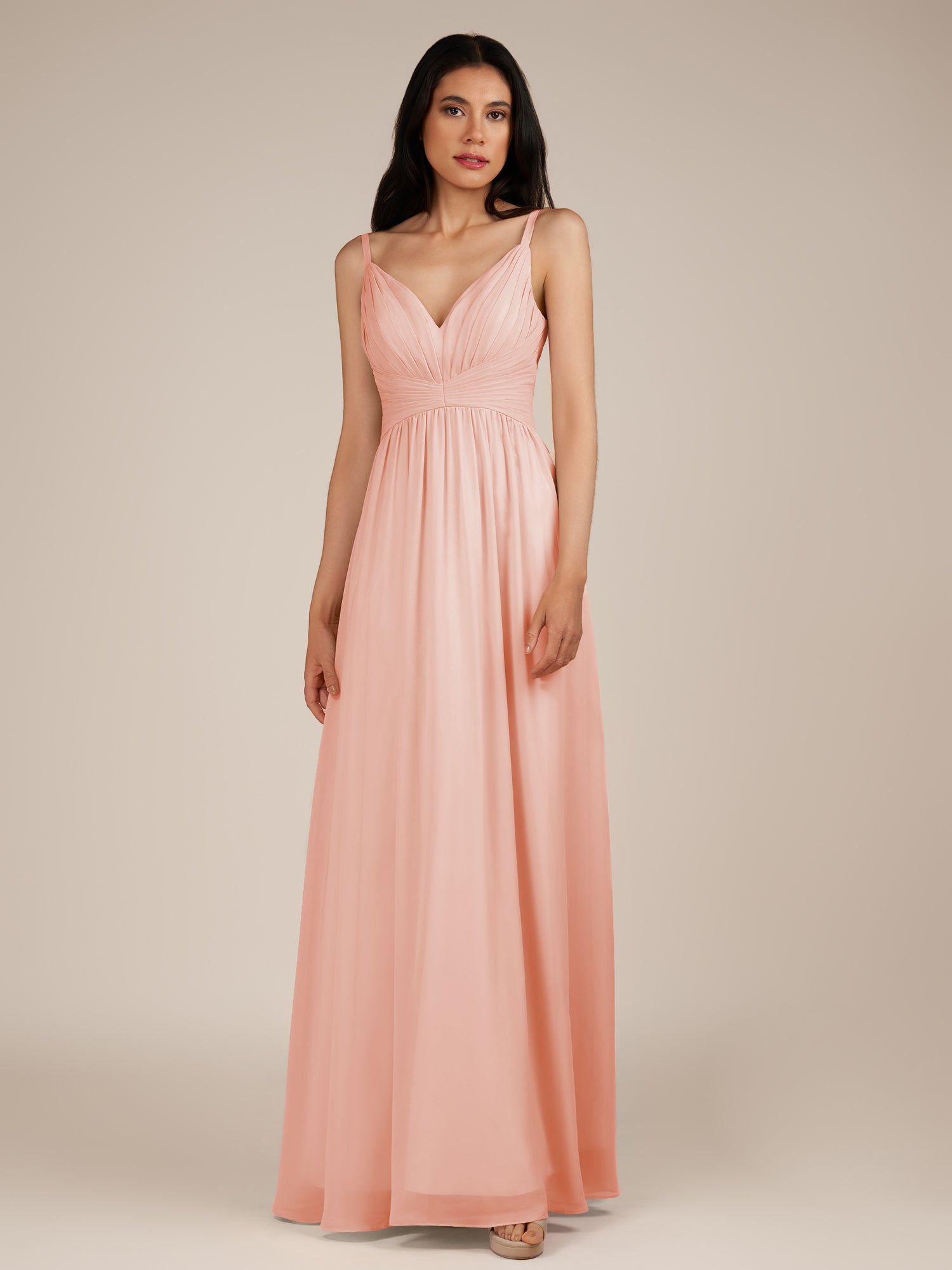 KissDress-Ophelia Rose Petal A Line Chiffon V Neck Long Bridesmaid Dress with Pleats