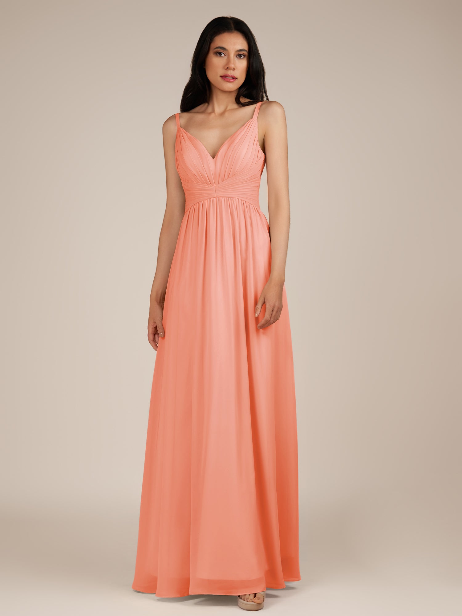 KissDress-Ophelia Rosette A Line Chiffon V Neck Long Bridesmaid Dress with Pleats