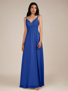 KissDress-Ophelia Royal Blue A Line Chiffon V Neck Long Bridesmaid Dress with Pleats