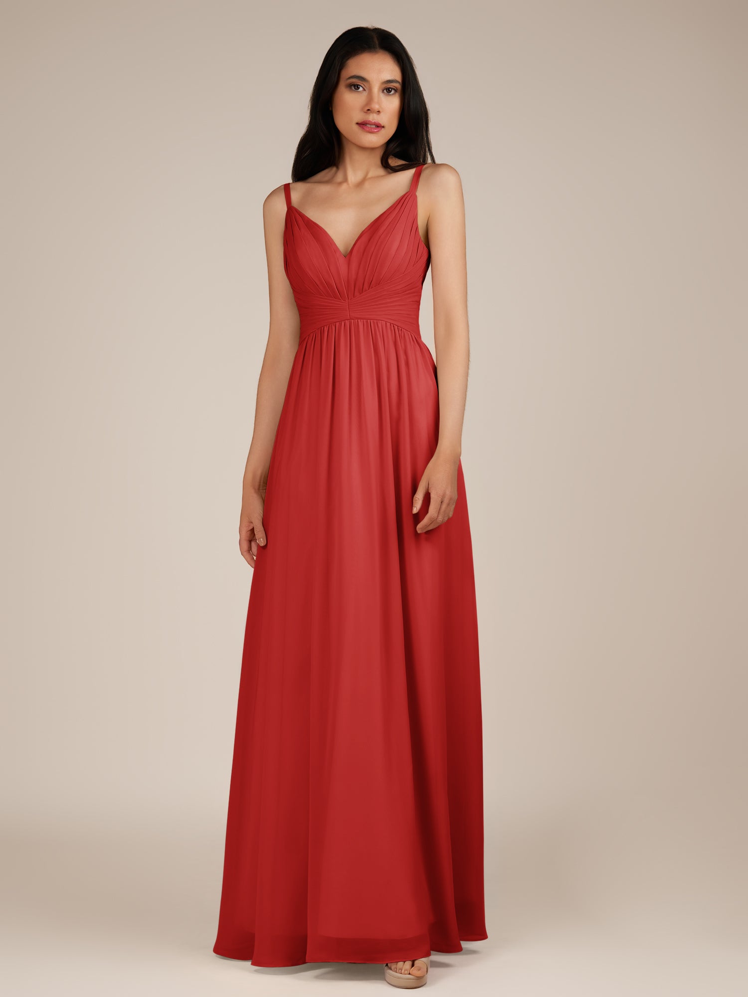 KissDress-Ophelia Ruby Red A Line Chiffon V Neck Long Bridesmaid Dress with Pleats