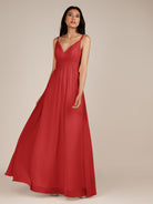 KissDress-Ophelia Ruby Red A Line Chiffon V Neck Long Bridesmaid Dress with Pleats