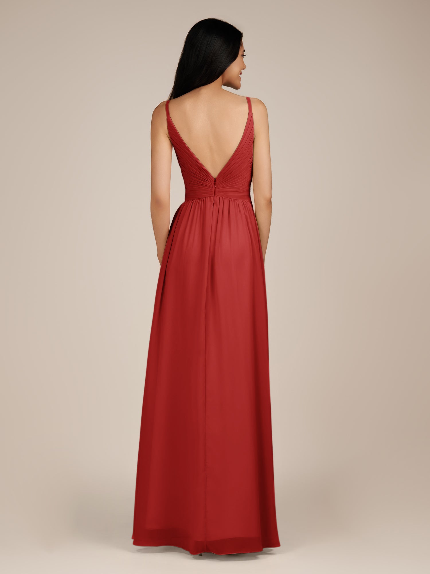 KissDress-Ophelia Ruby Red A Line Chiffon V Neck Long Bridesmaid Dress with Pleats