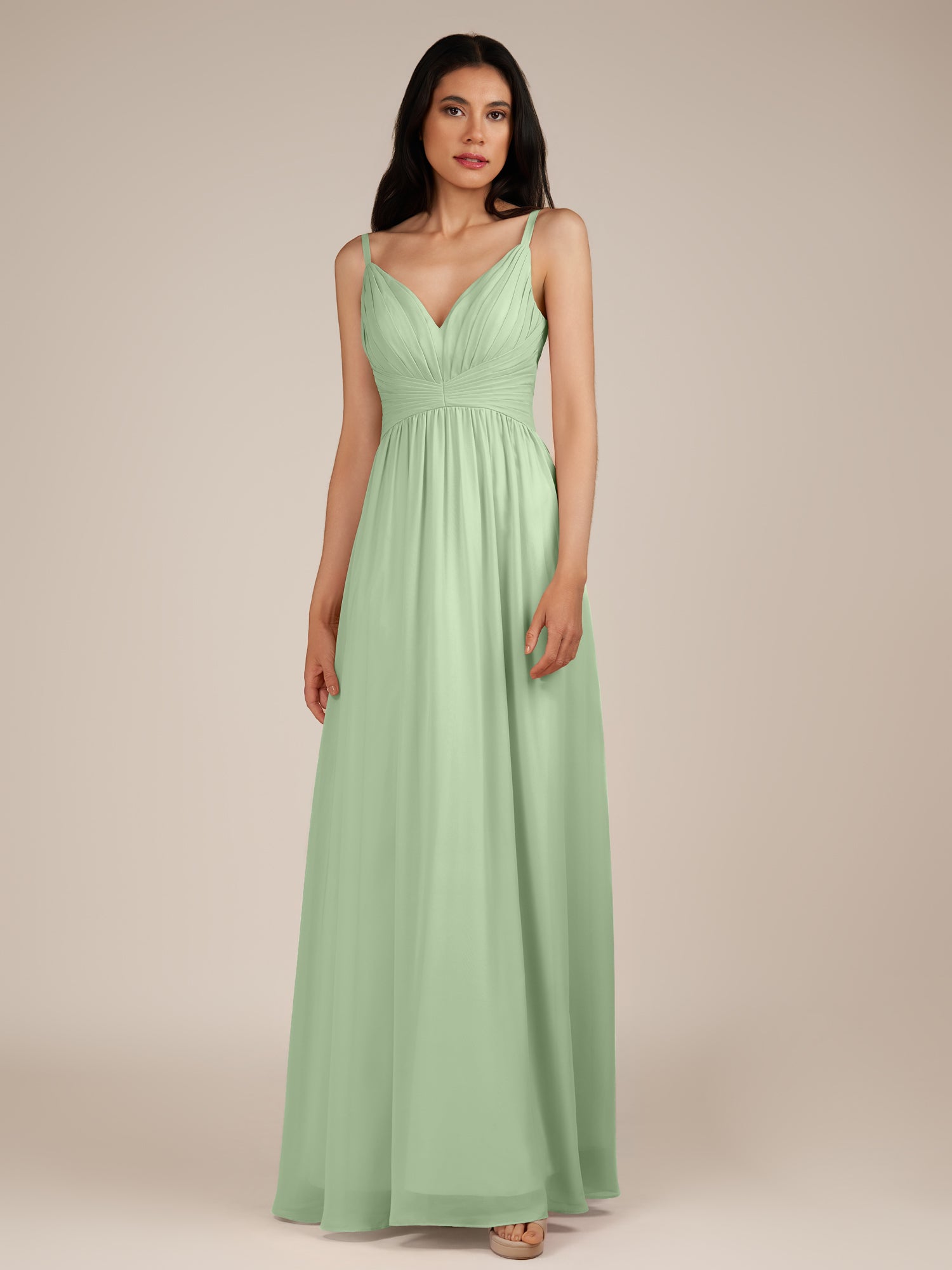KissDress-Ophelia Sage A Line Chiffon V Neck Long Bridesmaid Dress with Pleats