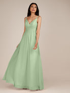 KissDress-Ophelia Sage A Line Chiffon V Neck Long Bridesmaid Dress with Pleats
