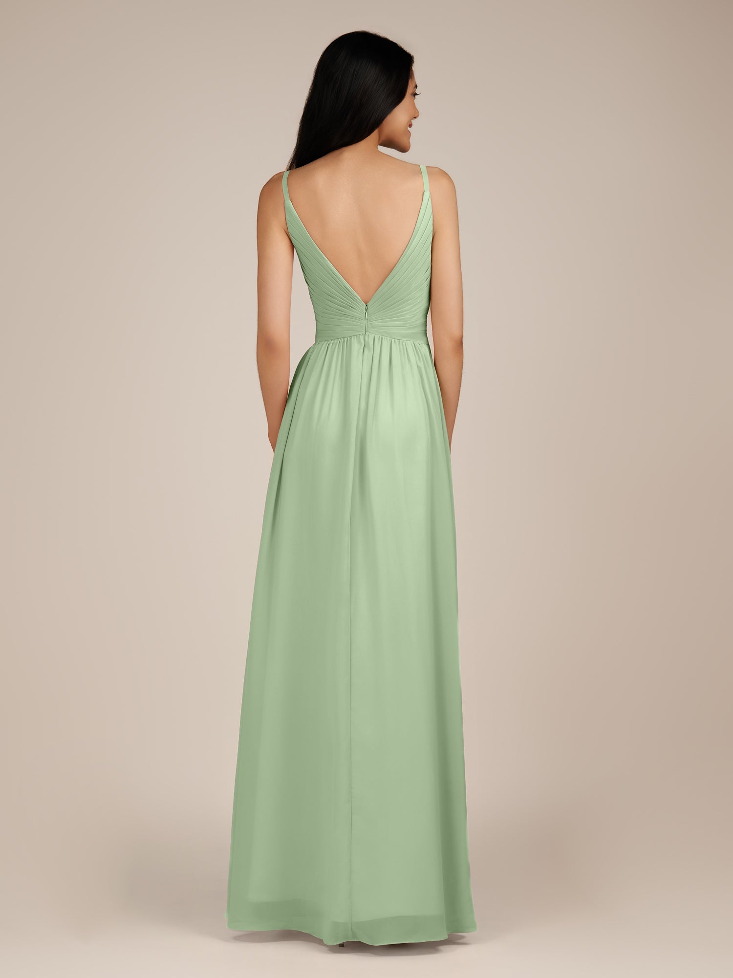 KissDress-Ophelia Sage A Line Chiffon V Neck Long Bridesmaid Dress with Pleats