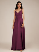 KissDress-Ophelia Sangria A Line Chiffon V Neck Long Bridesmaid Dress with Pleats