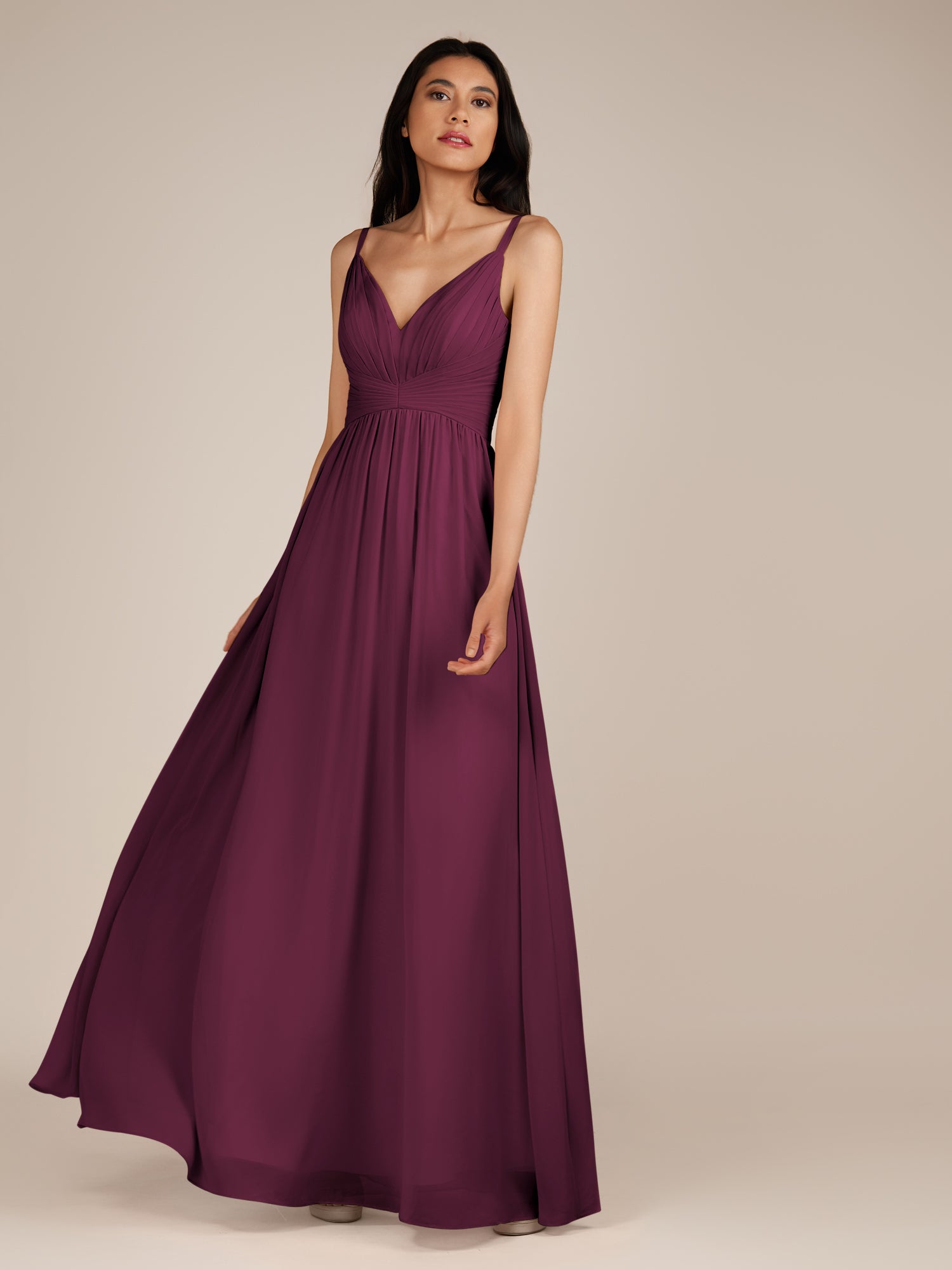 KissDress-Ophelia Sangria A Line Chiffon V Neck Long Bridesmaid Dress with Pleats