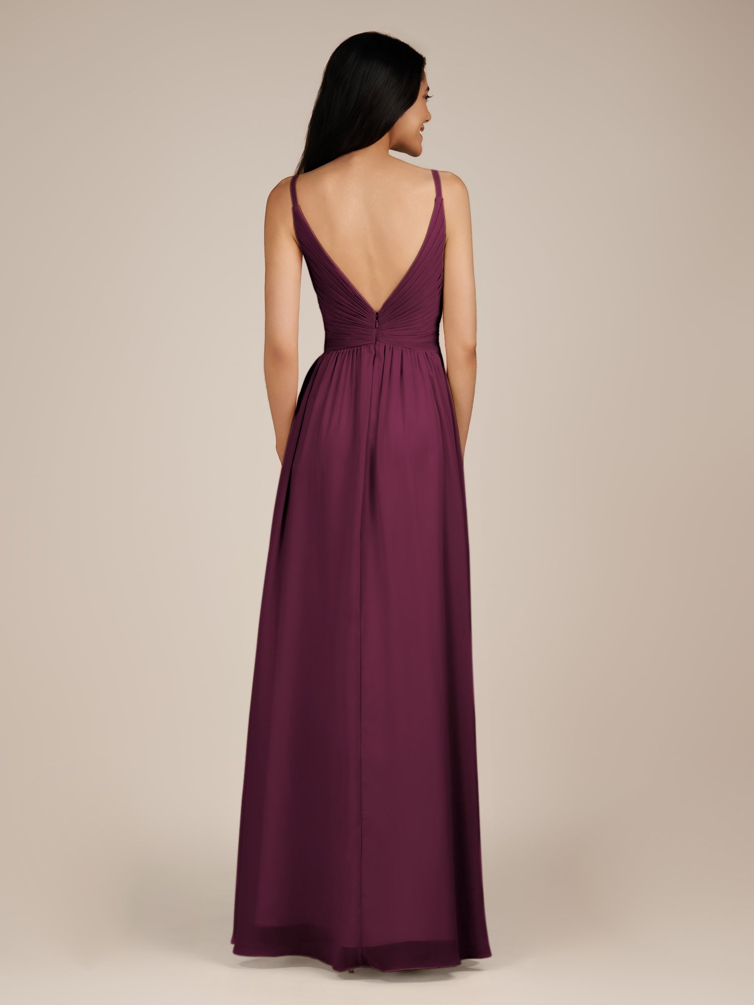 KissDress-Ophelia Sangria A Line Chiffon V Neck Long Bridesmaid Dress with Pleats