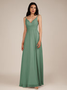 KissDress-Ophelia Sea Glass A Line Chiffon V Neck Long Bridesmaid Dress with Pleats