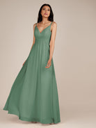 KissDress-Ophelia Sea Glass A Line Chiffon V Neck Long Bridesmaid Dress with Pleats