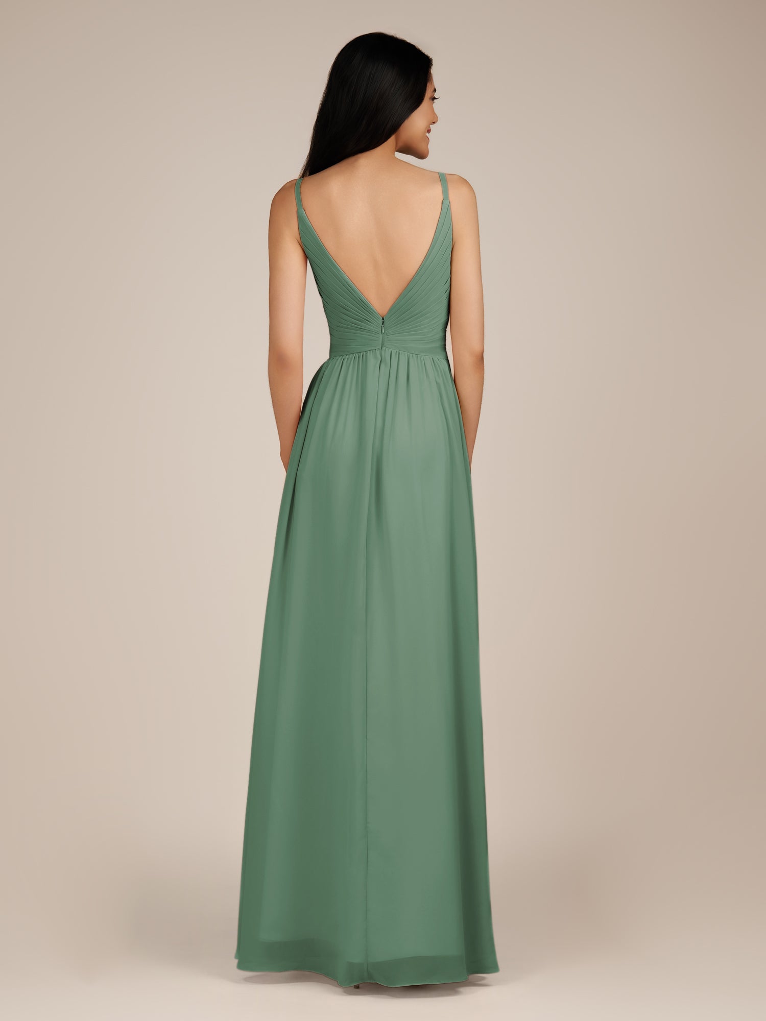 KissDress-Ophelia Sea Glass A Line Chiffon V Neck Long Bridesmaid Dress with Pleats