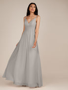 KissDress-Ophelia Silver A Line Chiffon V Neck Long Bridesmaid Dress with Pleats