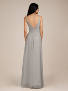 KissDress-Ophelia Silver A Line Chiffon V Neck Long Bridesmaid Dress with Pleats