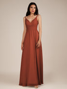 KissDress-Ophelia Spice A Line Chiffon V Neck Long Bridesmaid Dress with Pleats