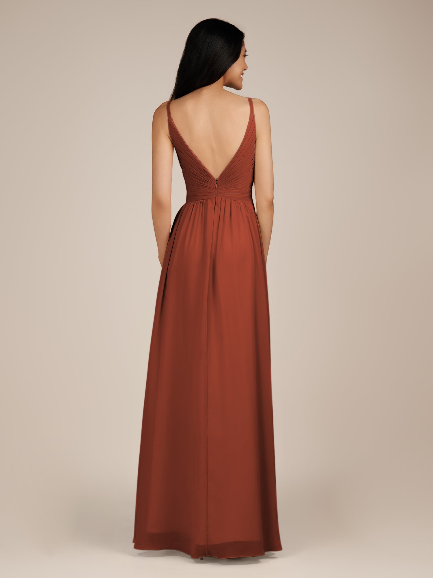 KissDress-Ophelia Spice A Line Chiffon V Neck Long Bridesmaid Dress with Pleats