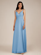 KissDress-Ophelia Steel Blue A Line Chiffon V Neck Long Bridesmaid Dress with Pleats