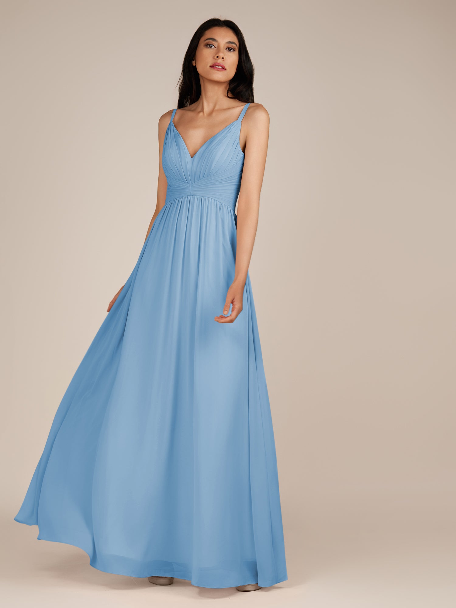KissDress-Ophelia Steel Blue A Line Chiffon V Neck Long Bridesmaid Dress with Pleats