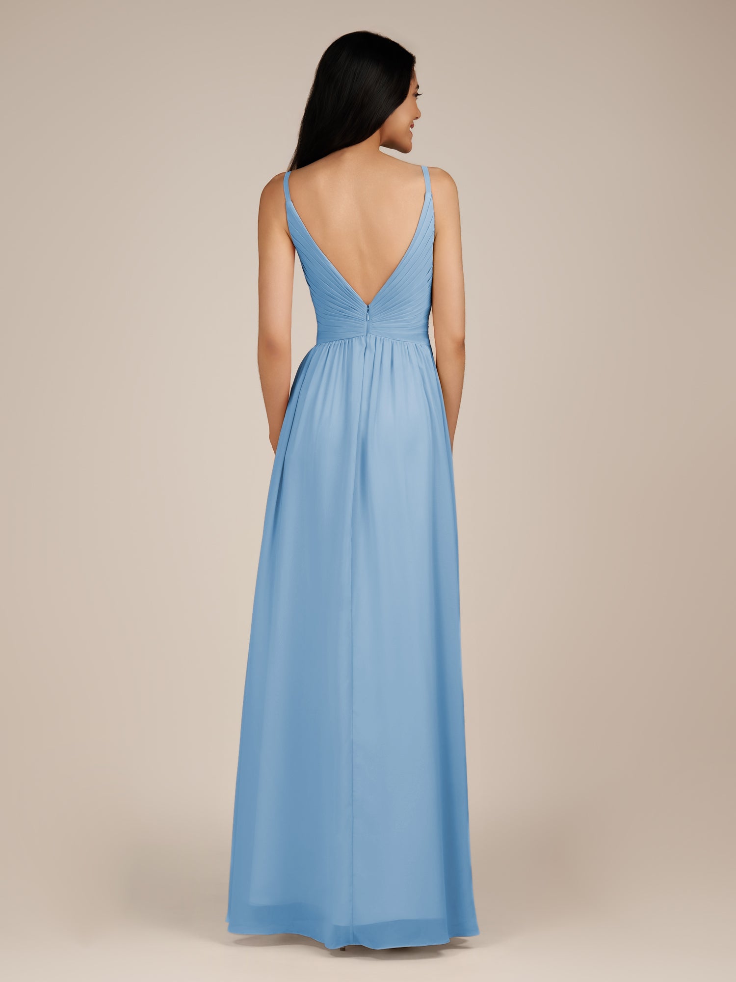 KissDress-Ophelia Steel Blue A Line Chiffon V Neck Long Bridesmaid Dress with Pleats