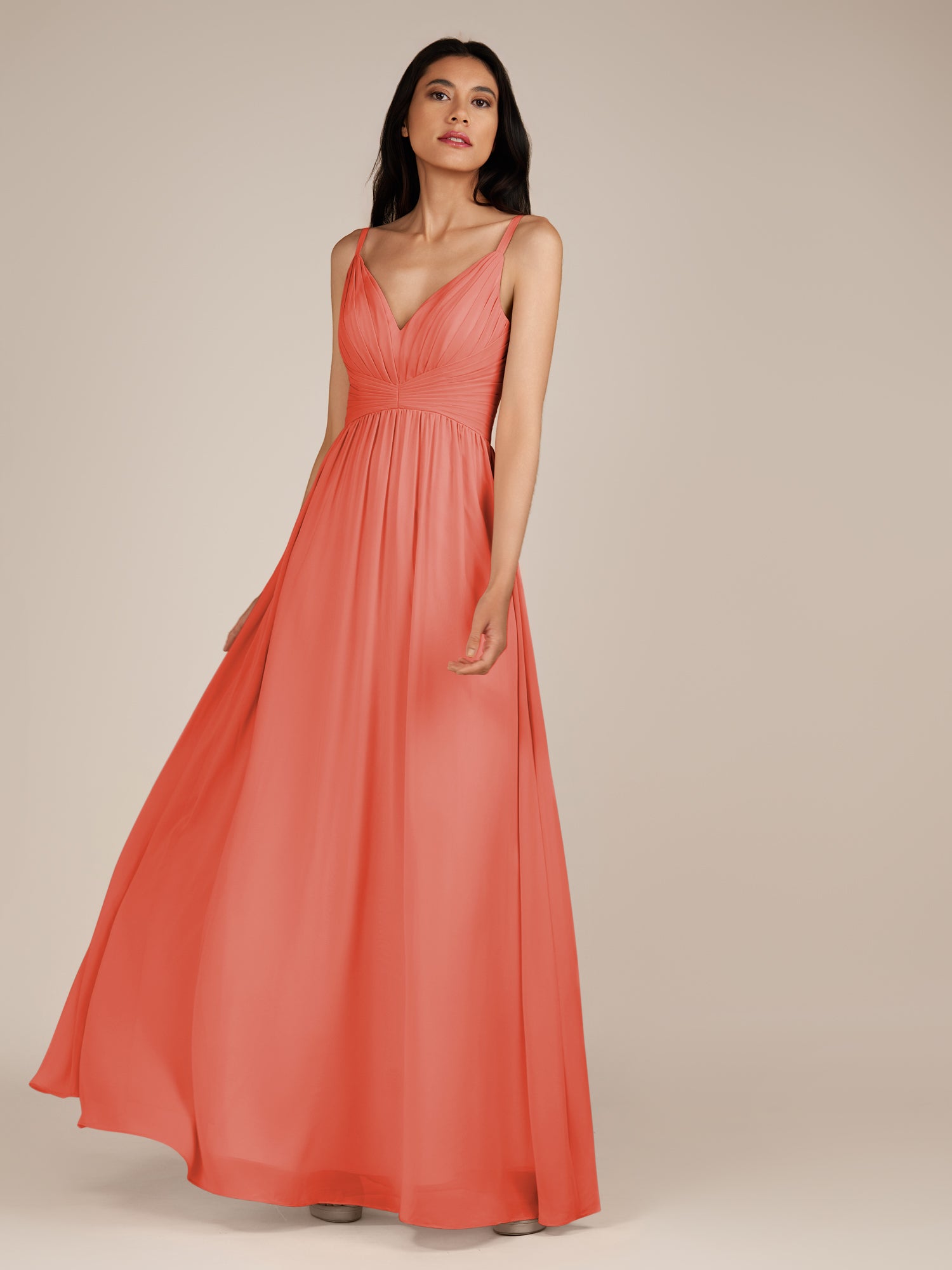 KissDress-Ophelia Sunset A Line Chiffon V Neck Long Bridesmaid Dress with Pleats