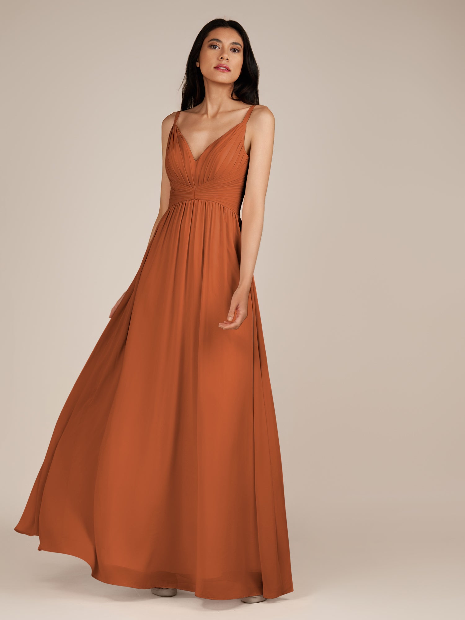 KissDress-Ophelia Terracotta A Line Chiffon V Neck Long Bridesmaid Dress with Pleats