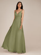 KissDress-Ophelia Thyme A Line Chiffon V Neck Long Bridesmaid Dress with Pleats
