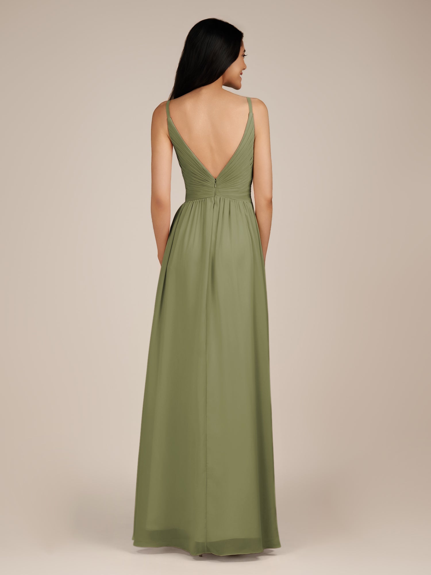 KissDress-Ophelia Thyme A Line Chiffon V Neck Long Bridesmaid Dress with Pleats