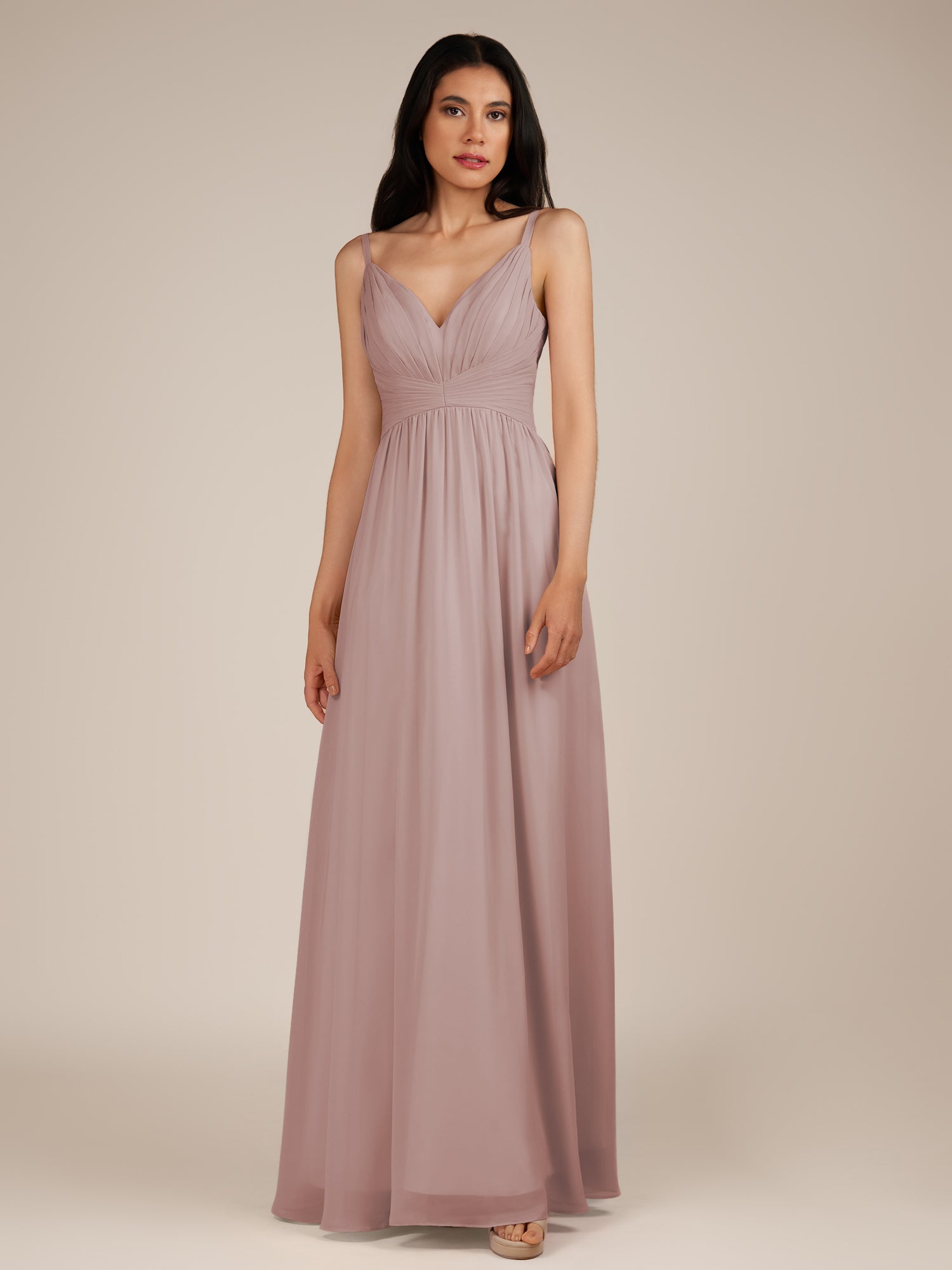 KissDress-Ophelia Toffee A Line Chiffon V Neck Long Bridesmaid Dress with Pleats
