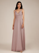 KissDress-Ophelia Toffee A Line Chiffon V Neck Long Bridesmaid Dress with Pleats