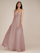 KissDress-Ophelia Toffee A Line Chiffon V Neck Long Bridesmaid Dress with Pleats