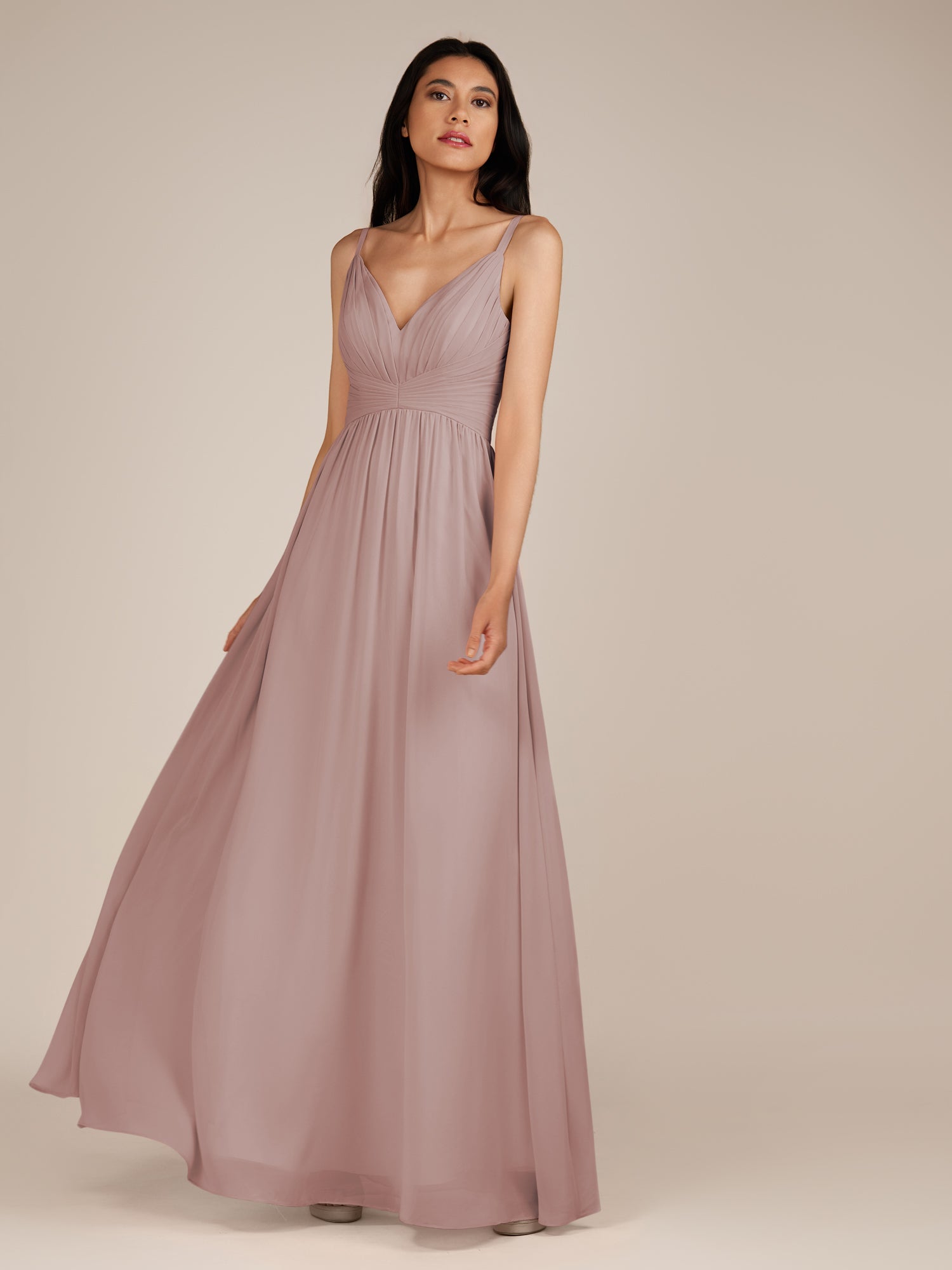 KissDress-Ophelia Toffee A Line Chiffon V Neck Long Bridesmaid Dress with Pleats