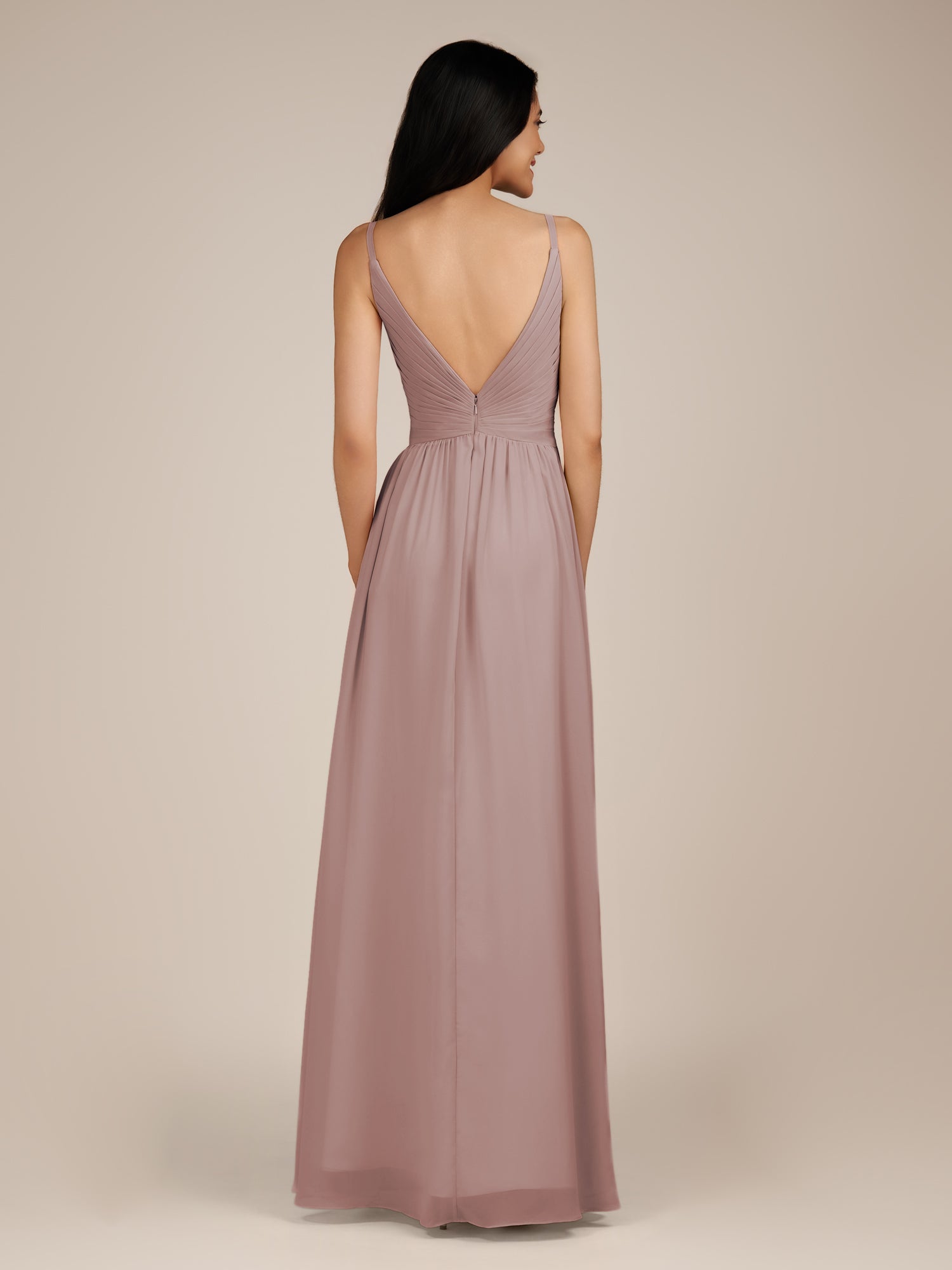 KissDress-Ophelia Toffee A Line Chiffon V Neck Long Bridesmaid Dress with Pleats