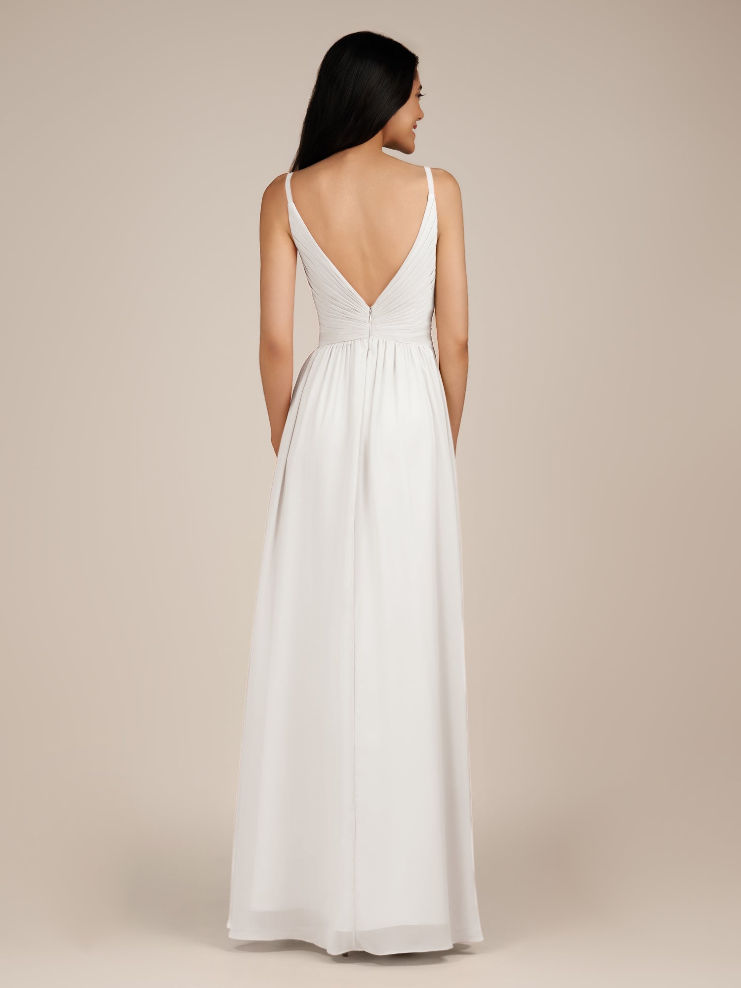 KissDress-Ophelia White A Line Chiffon V Neck Long Bridesmaid Dress with Pleats