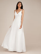 KissDress-Ophelia White A Line Chiffon V Neck Long Bridesmaid Dress with Pleats
