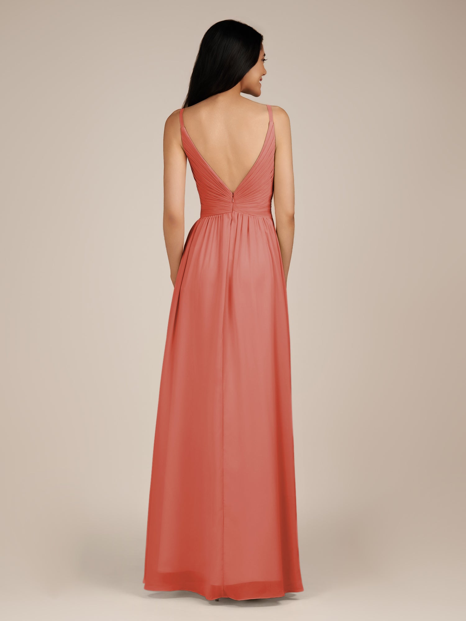 KissDress-Ophelia Wild Rose A Line Chiffon V Neck Long Bridesmaid Dress with Pleats