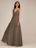 KissDress-Ophelia Willow Green A Line Chiffon V Neck Long Bridesmaid Dress with Pleats