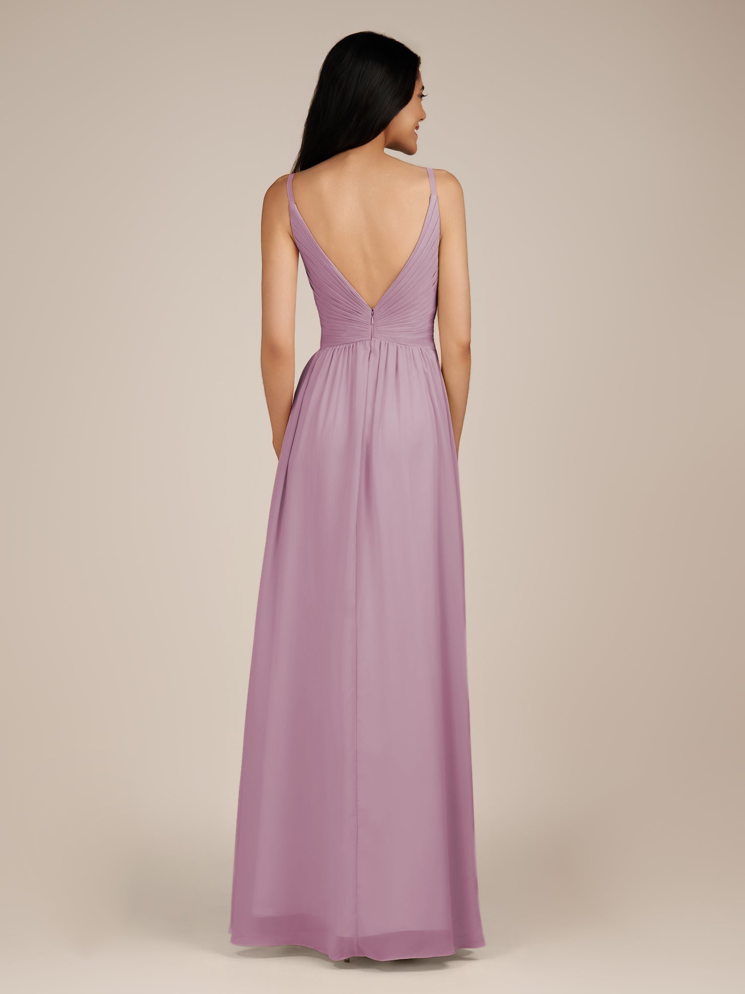 KissDress-Ophelia Wisteria A Line Chiffon V Neck Long Bridesmaid Dress with Pleats