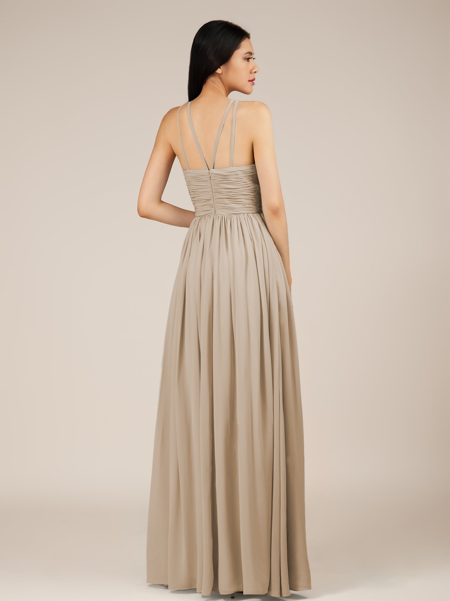 KissDress-Orinthia Almond A Line Halter Neck Chiffon Long Bridesmaid Dress with Pleats